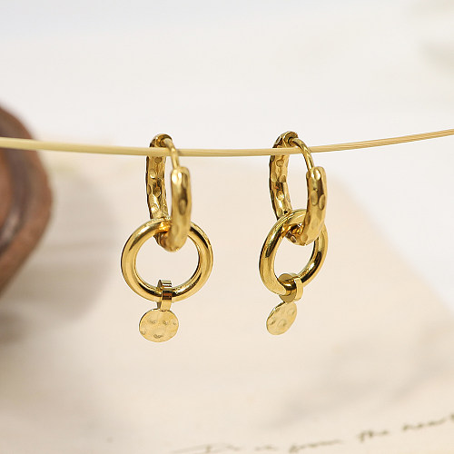 1 paire de boucles d'oreilles pendantes Style IG rétro français, Double anneau plaqué en acier inoxydable plaqué or 18 carats