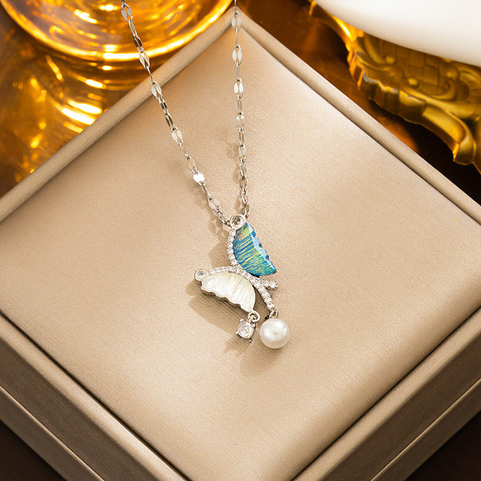 Collier pendentif papillon en acier inoxydable, Style classique Simple, plaqué or 18 carats, perle en Zircon, en vrac