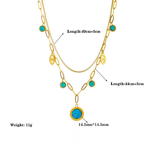 Casual Retro Round Devil'S Eye Stainless Steel Plating Hollow Out Inlay Turquoise Layered Necklaces