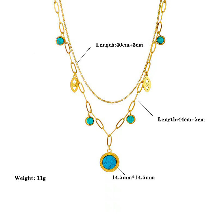 Lässige Retro-Halskette mit rundem Teufelsauge, Edelstahl-Beschichtung, ausgehöhltem Inlay, türkisfarbenen Lagen-Halsketten