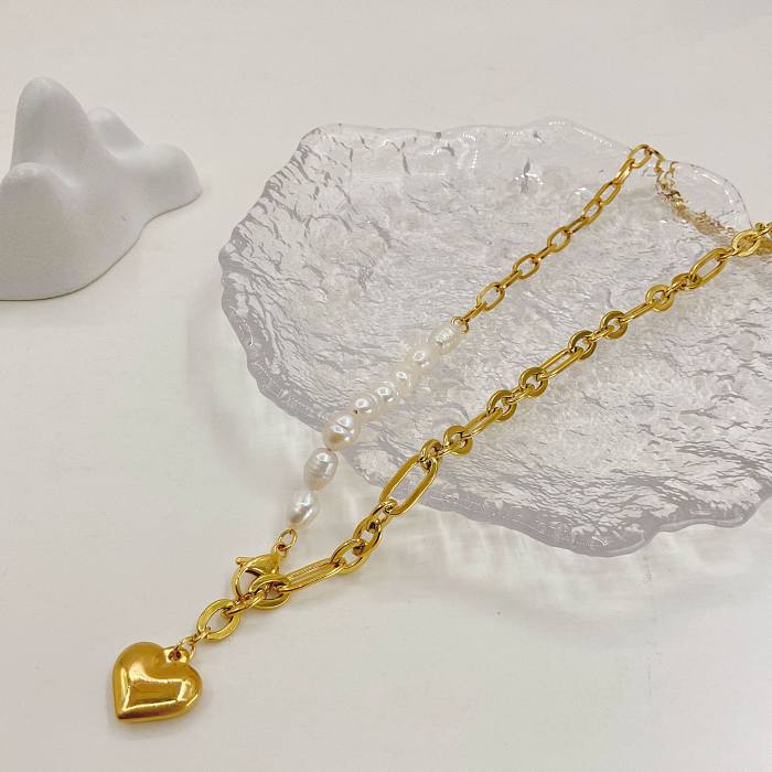 Collier avec pendentif en forme de cœur en acier inoxydable plaqué perles, 1 pièce