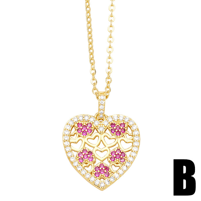 Elegante formato de coração em aço inoxidável com revestimento de cobre e zircão colar com pingente banhado a ouro 18K