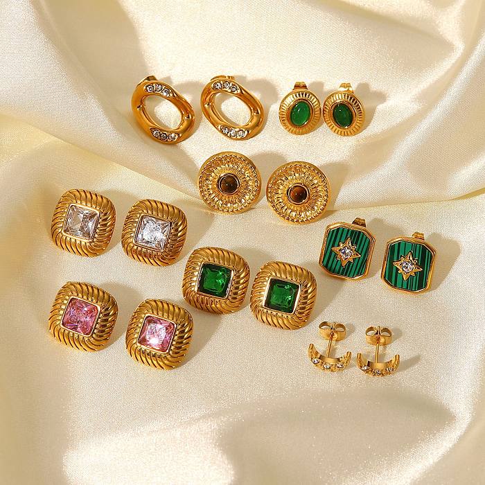 Modische Vintage-Ohrringe aus 18 Karat Gold, Edelstahl mit eingelegtem Zirkon und Naturstein