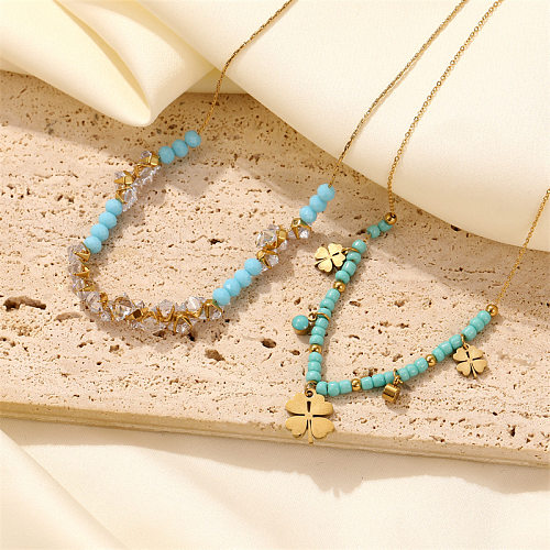 Collier pendentif en perles de pierre naturelle en acier inoxydable, trèfle à quatre feuilles de Style Simple