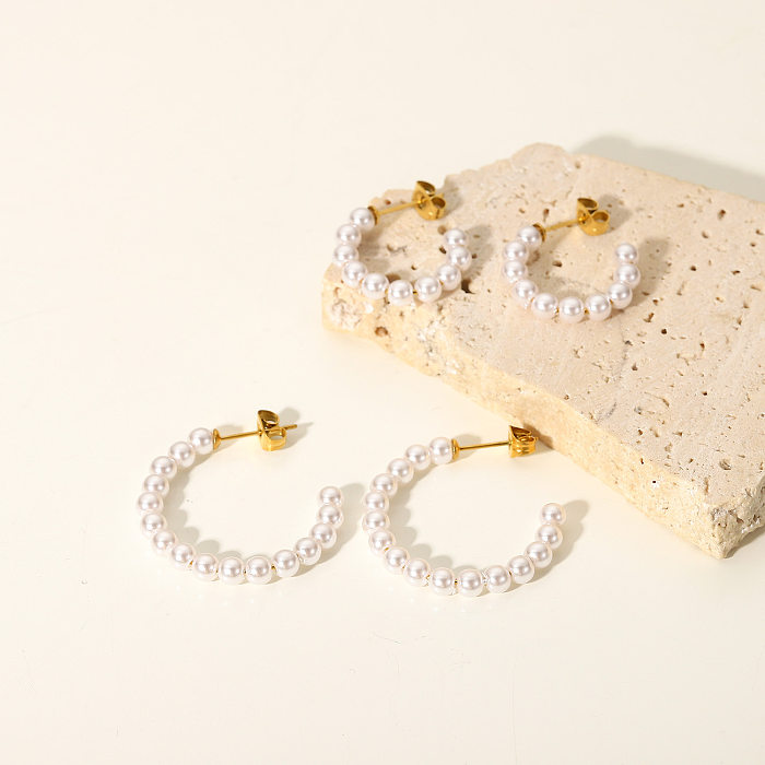 Fashion 18K Gold Stainless Steel  C-shaped Pearl Hoop Earrings