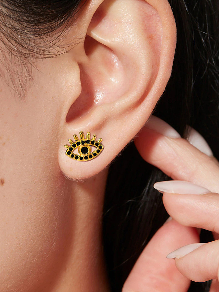Nouvelles boucles d'oreilles en acier inoxydable en or 18 carats avec œil de diamant noir