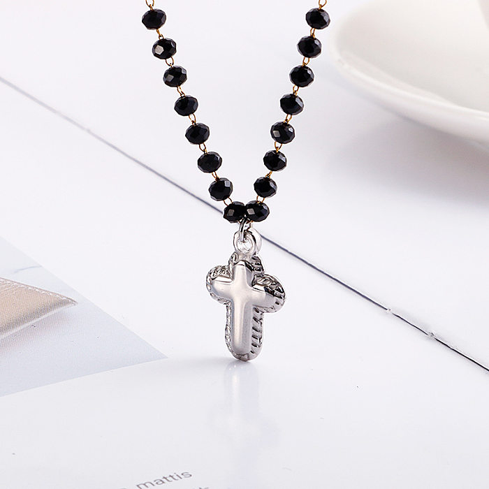 Kalen Ornament Neue europäische und amerikanische Damen einfache Kreuz Persönlichkeit runde Perlen Stahl Farbe Anhänger Halskette Außenhandel gemischte Charge