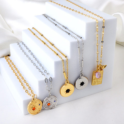 Simple Style Round Stainless Steel  Stainless Steel Plating Inlay Zircon Gold Plated Pendant Necklace