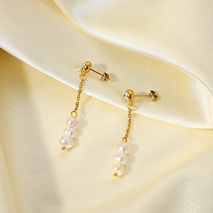 Stainless Steel  Cubic Zirconia Long Chain Pearl Earrings