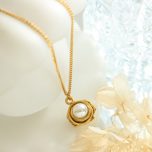 Elegante Halskette mit geometrischem Edelstahl-Inlay und künstlichen Perlen, 18 Karat vergoldet