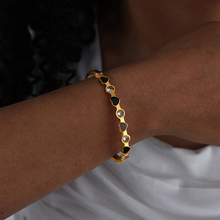 Simple Style Heart Shape Titanium Steel Enamel Plating Inlay Zircon Bangle