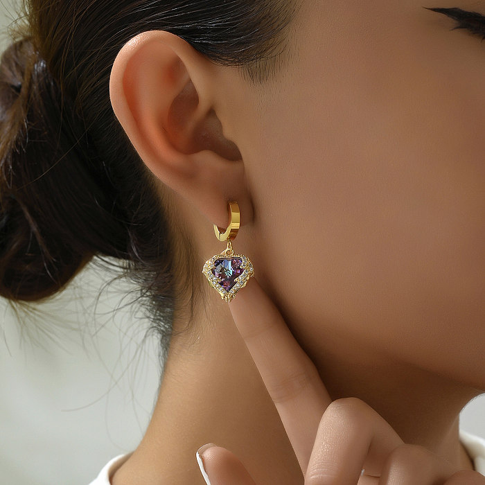 1 Pair Retro Shiny Heart Shape Plating Three-dimensional Inlay Stainless Steel  Zircon 18K Gold Plated Drop Earrings