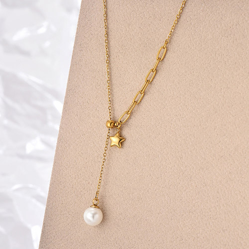 Collar chapado en oro de 14 quilates con revestimiento de perlas de acero inoxidable con pentagrama de estilo simple