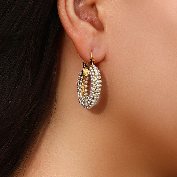 Fashion U Shape Stainless Steel  Plating Inlay Pearl Hoop Earrings 1 Pair