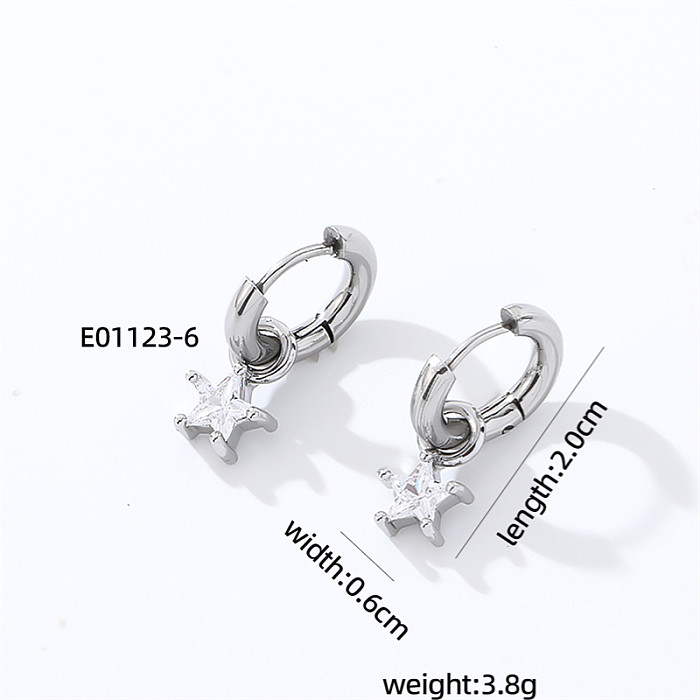 Boucles d'oreilles pentagramme carré en forme de cœur, Style IG Simple, incrustation de placage en acier inoxydable, Zircon, 1 paire