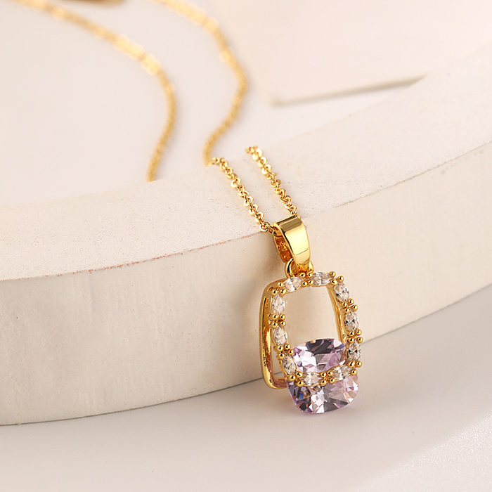 Elegant Square Stainless Steel  Stainless Steel Plating Inlay Zircon 18K Gold Plated Gold Plated Pendant Necklace