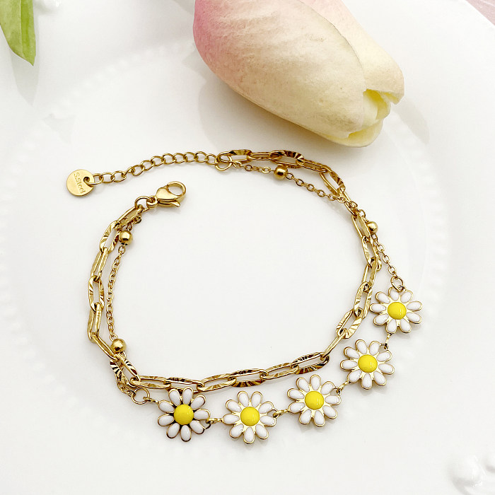 Cute Sweet Commute Flower Stainless Steel Layered Enamel Plating Gold Plated Bracelets