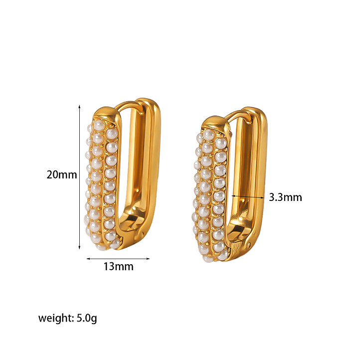 1 Pair Vintage Style Square Rectangle Polishing Plating Inlay Stainless Steel  Pearl Zircon 18K Gold Plated Ear Studs