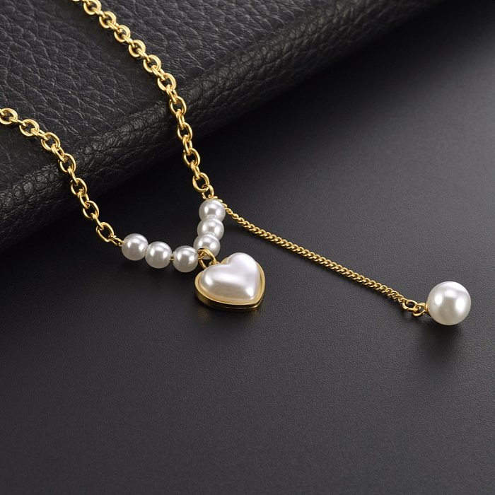 Elegant Simple Style Heart Shape Stainless Steel  Beaded Plating Inlay Pearl 18K Gold Plated Pendant Necklace