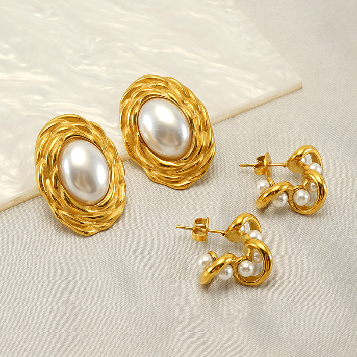 Pendientes chapados en oro de 1K, elegantes, ovalados irregulares, Color sólido, pulido, incrustaciones, perlas de agua dulce de acero inoxidable, 18 par