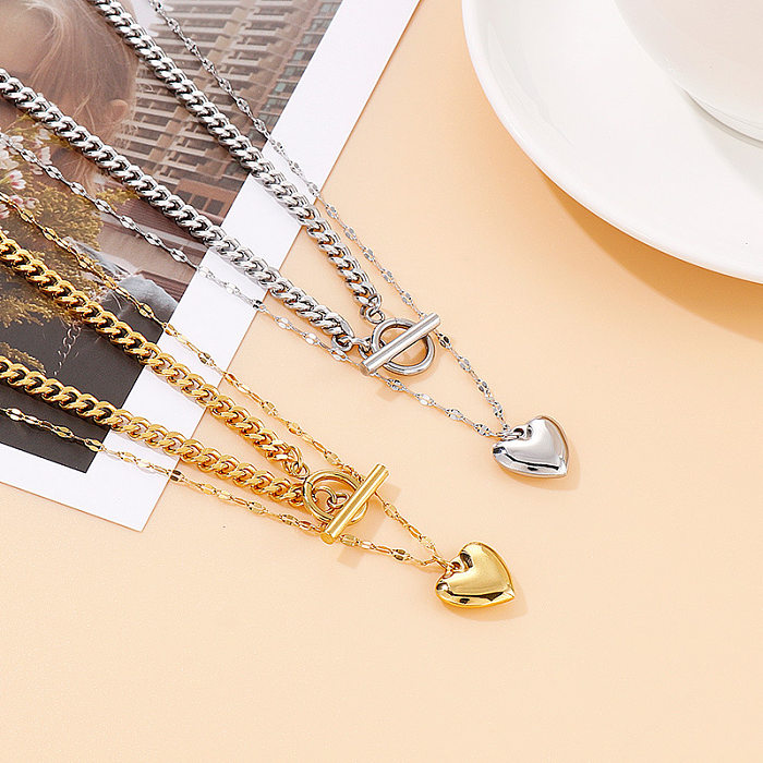 Wholesale Heart-shaped Pendant Thick Chain Double-layer Stainless Steel Necklace jewelry
