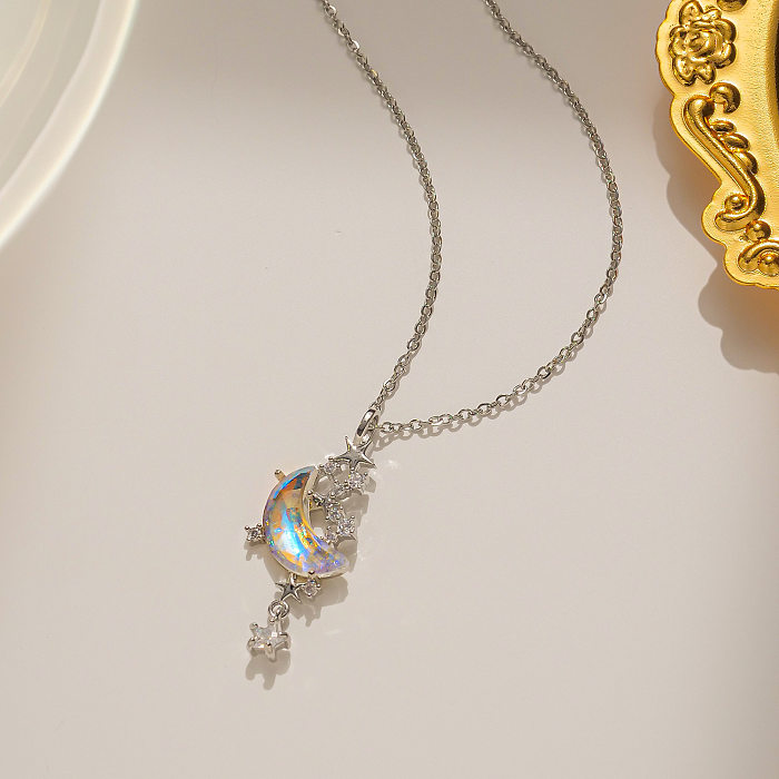 Lässige, schlichte Halskette mit Stern- und Mond-Anhänger aus Edelstahl mit Inlay und Zirkon