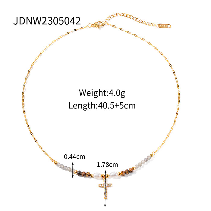 IG Style Casual Cross Stainless Steel  Beaded Plating Inlay Zircon 18K Gold Plated Pendant Necklace