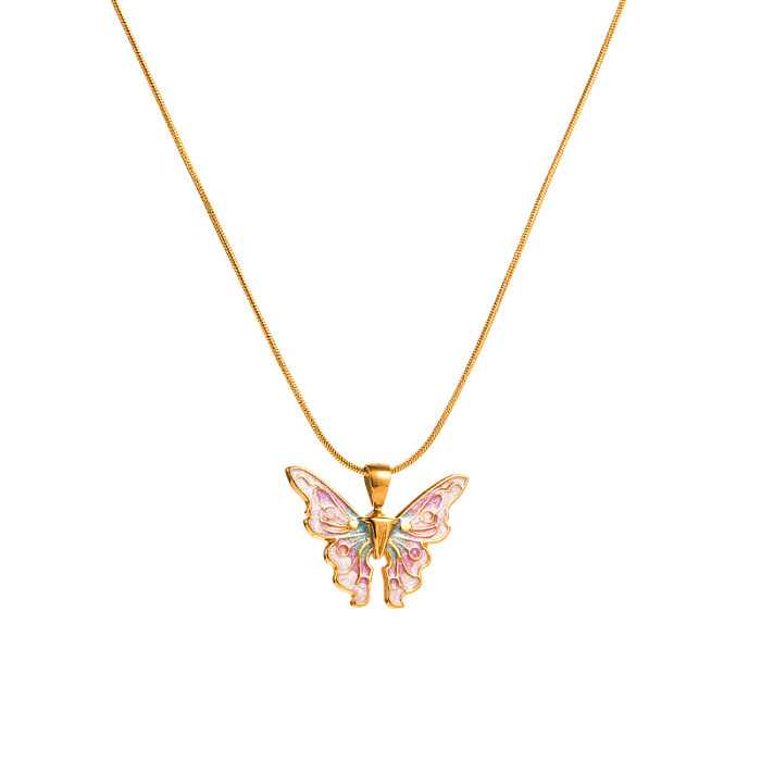 Collar Con Colgante Chapado En Oro De Acero Inoxidable Con Mariposa Rosa De Moda, 1 Pieza