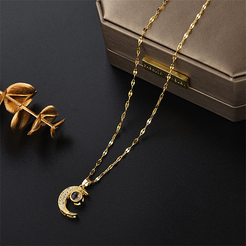 Retro Moon Stainless Steel Inlay Zircon Pendant Necklace 1 Piece