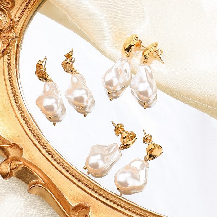 1 Pair Casual Simple Style Classic Style Irregular Plating Stainless Steel  Artificial Pearl Stainless Steel Gold Plated Drop Earrings