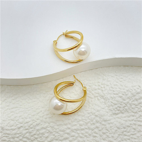Boucles d'oreilles géométriques en acier inoxydable, Style Simple, placage de perles artificielles, 1 paire