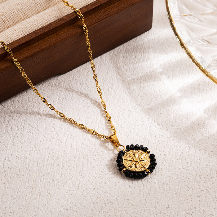 Collier pendentif rétro en acier inoxydable, Style IG, Rose ronde, coquille de perles de rocaille, plaqué or 18 carats