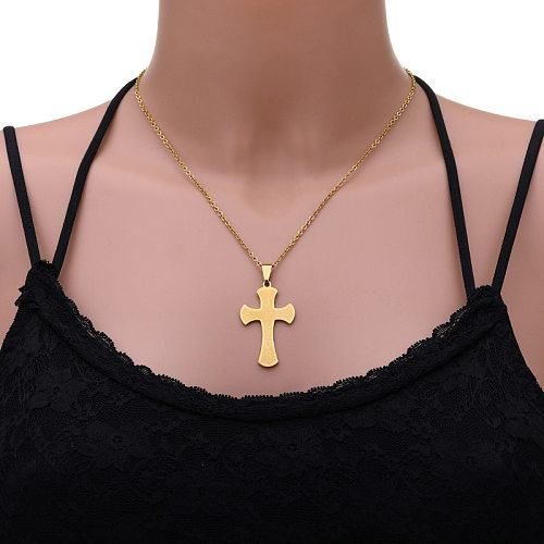 Casual Simple Style Cross Letter Stainless Steel  Plating Hollow Out 18K Gold Plated Pendant Necklace Long Necklace