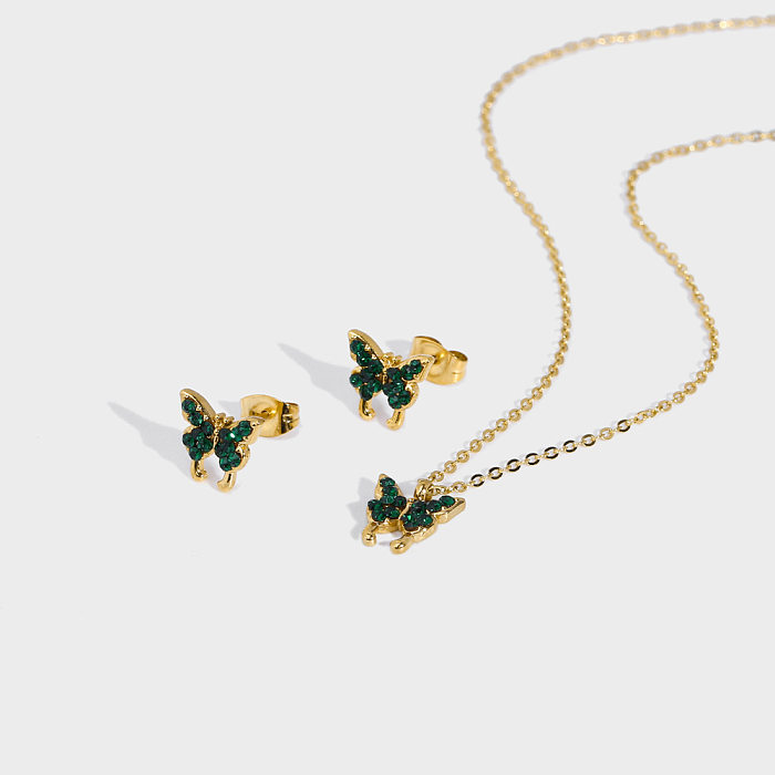 Romantische, schlichte Halskette mit Schmetterlings-Anhänger, Edelstahl-Beschichtung, Intarsien, künstlicher Diamant, 18 Karat vergoldet