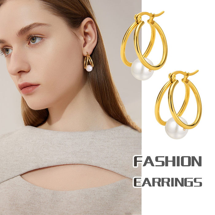 1 Paar elegante, kreisplattierte Inlay-Ohrringe aus Edelstahl im französischen Stil mit 18 Karat vergoldeten Perlen