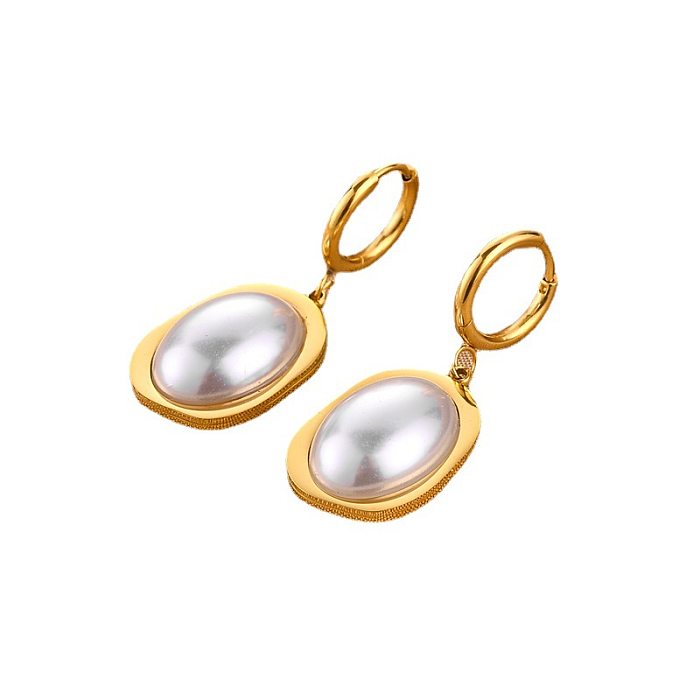 Boucles d'oreilles rétro géométriques en acier inoxydable, incrustation de perles artificielles, 1 paire