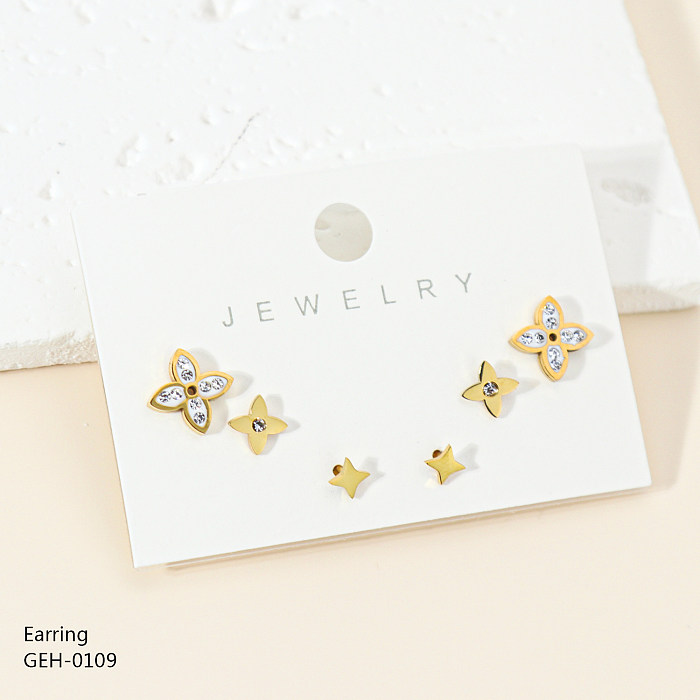 3 Pairs Simple Style Four Leaf Clover Letter Flower Plating Inlay Stainless Steel  Rhinestones Rose Gold Plated Silver Plated Ear Studs