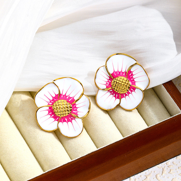 1 paire IG Style Simple Style artistique tournesol ovale fleur en acier inoxydable pierre naturelle plaqué or boucles d'oreilles pendantes clous d'oreille