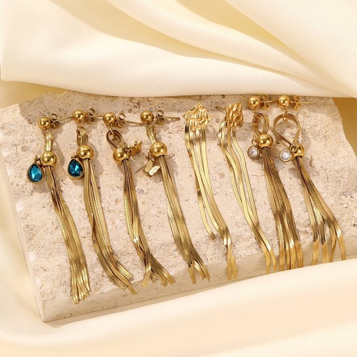 1 par de pendientes colgantes chapados en oro con incrustaciones de borlas y gotas de agua de estilo clásico y perla de acero inoxidable