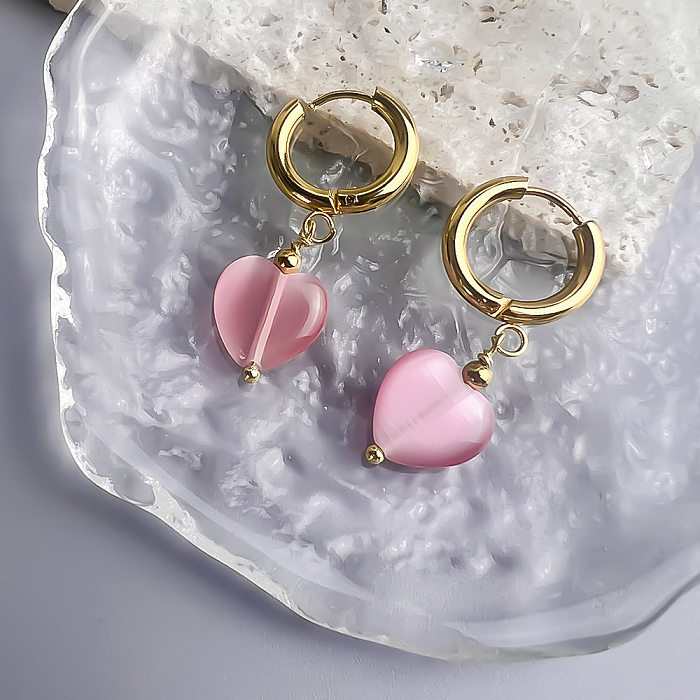 1 Pair French Style Heart Shape Stainless Steel  Opal Earrings