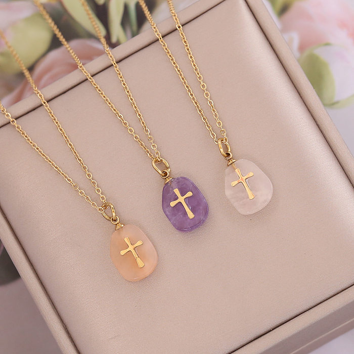 Fashion Cross Stainless Steel  Natural Stone Plating Pendant Necklace 1 Piece
