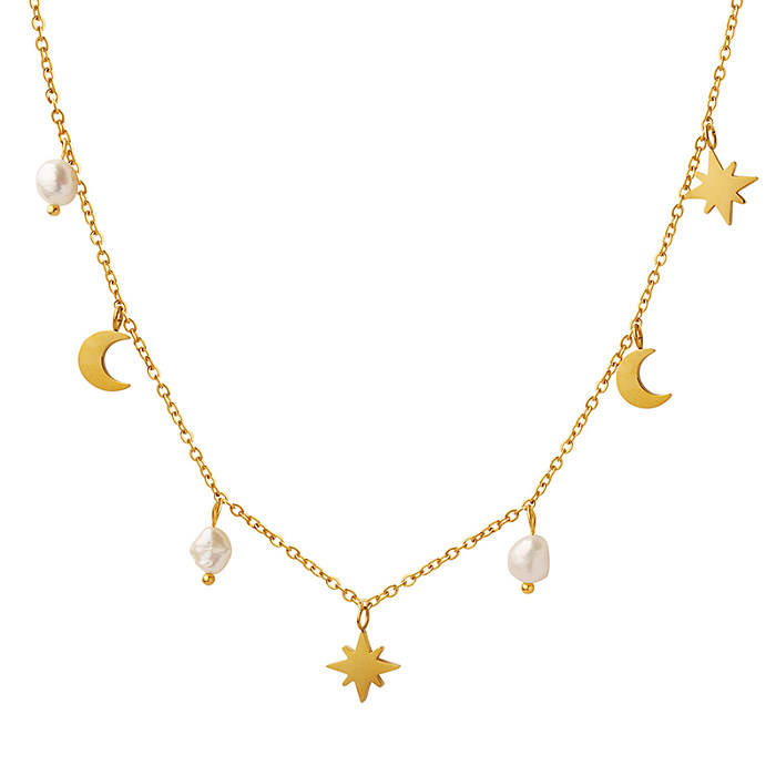 Estilo simples estrela lua colar de aço inoxidável banhado a ouro pérola colares de aço inoxidável