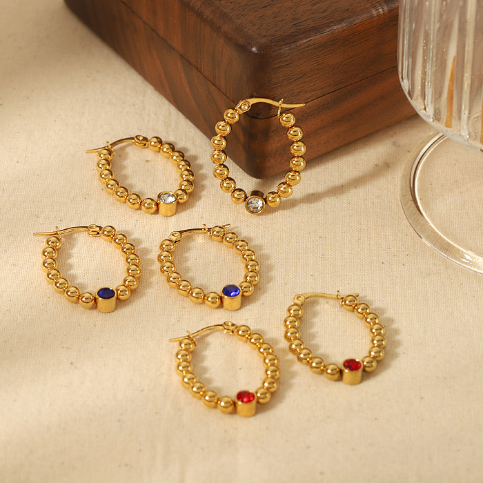 1 Paar einfache, ovale, polierende, plattierte Inlay-Ohrringe aus Edelstahl mit Zirkon und 18-Karat-Vergoldung
