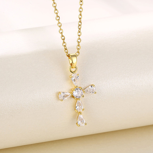 Modern Style Cross Stainless Steel  Stainless Steel Plating Inlay Zircon 18K Gold Plated Gold Plated Pendant Necklace