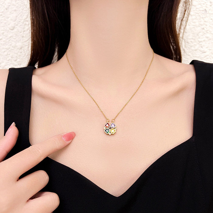 Sweet Simple Style Four Leaf Clover Heart Shape Stainless Steel Plating Inlay Zircon Necklace