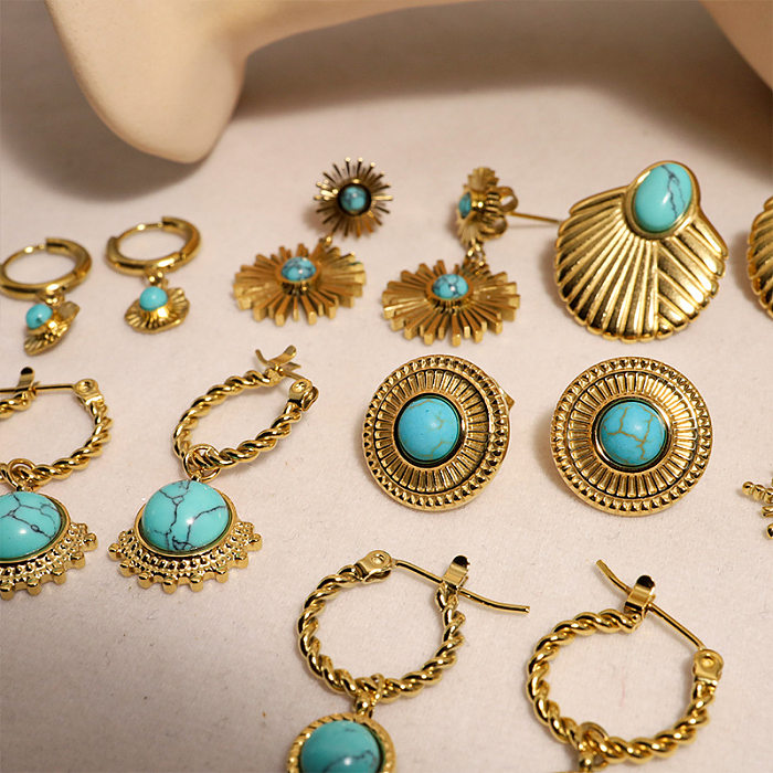 Boucles d'oreilles pendantes Turquoise, Style Simple, fleur, placage en acier inoxydable, incrustation, 1 paire