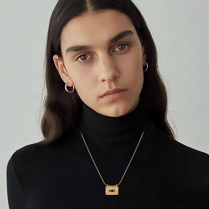 Casual streetwear olho retângulo chapeamento de aço inoxidável incrustação zircão 18k colar pingente banhado a ouro