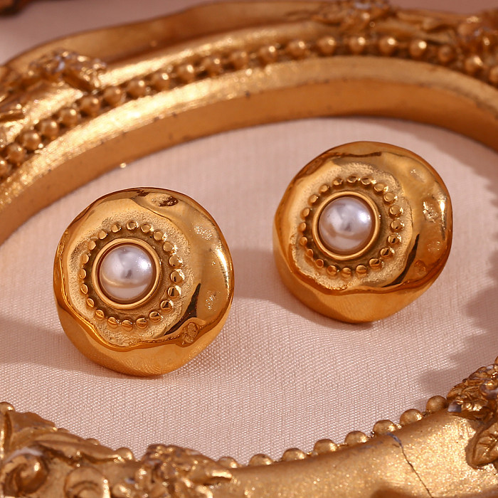 1 par de pérolas artificiais estilo vintage, revestimento geométrico de aço inoxidável, brincos banhados a ouro 18K