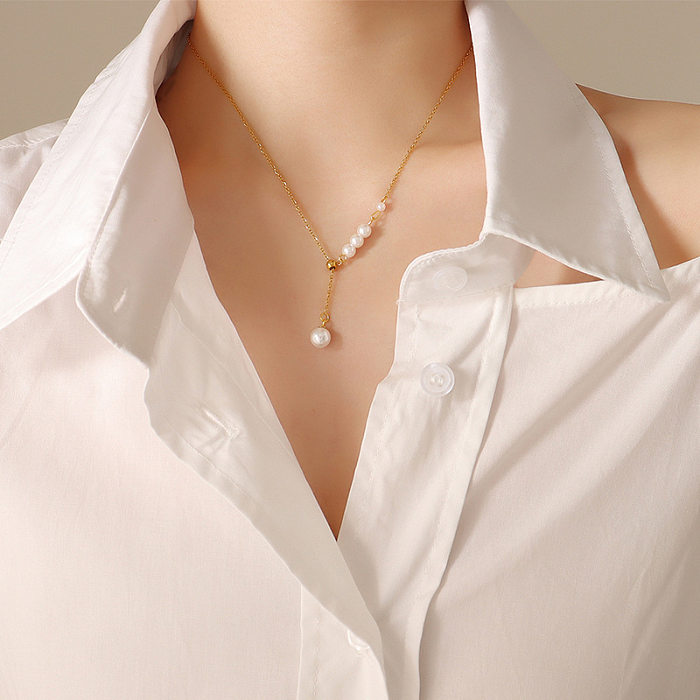 Fashion Baroque Imitation Pearl Pendant Stainless Steel Necklace