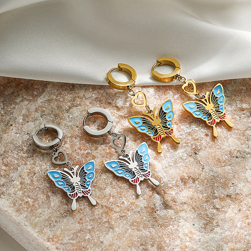 1 paire de boucles d'oreilles papillon en acier inoxydable plaqué or 18 carats, Style Simple, plaqué émail